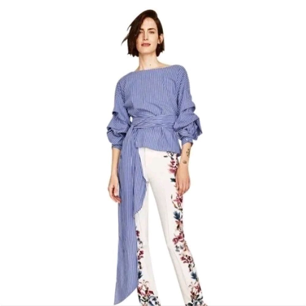 ZARA Woman True Wrap Blue White Stripe Wrap Boat Neck 3/4 Sleeve Top M